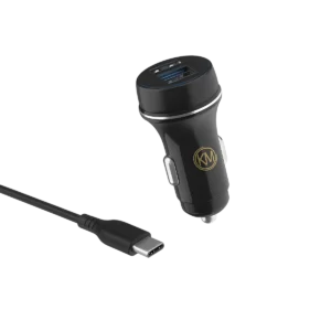 Chargeur de voiture rapide avec câble intégré pour smartphone, idéal pour usage professionnel en déplacement